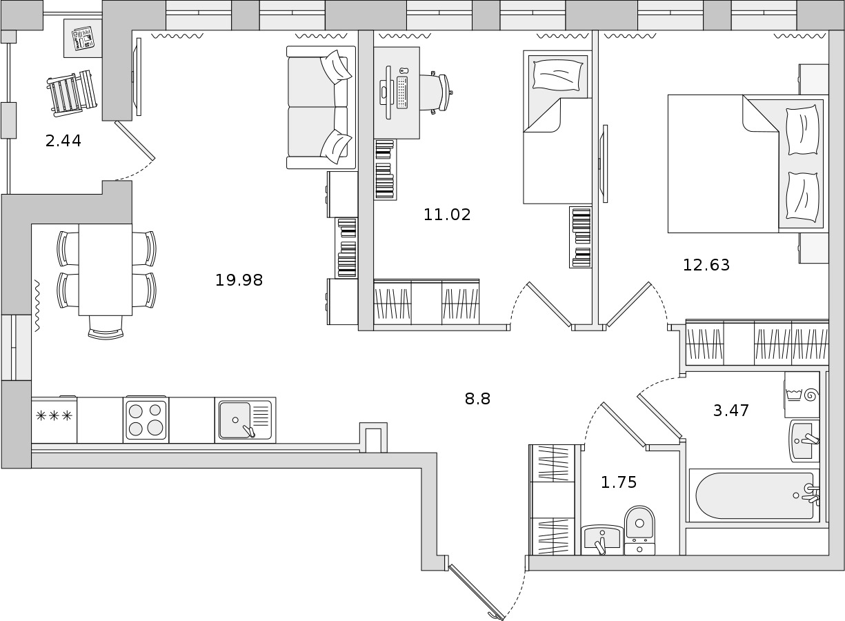 2-комнатная квартира 57.65 м², 6/15 эт., ЖК «Мурино Space»